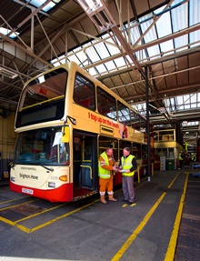 A bus is prepared for PEMS testing at the Conway Street depot